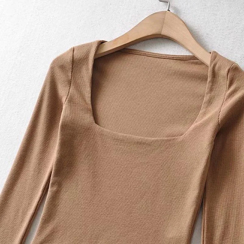 Women Cotton Ribbed Square Neck Crop Top With Long Sleeve