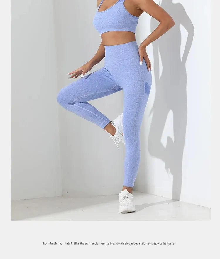 Yoga Basic 2pcs Seamless High Stretch Yoga Set Tracksuit Gym Set Crisscross Back Cami Hip-hugging Tummy Control Leggings