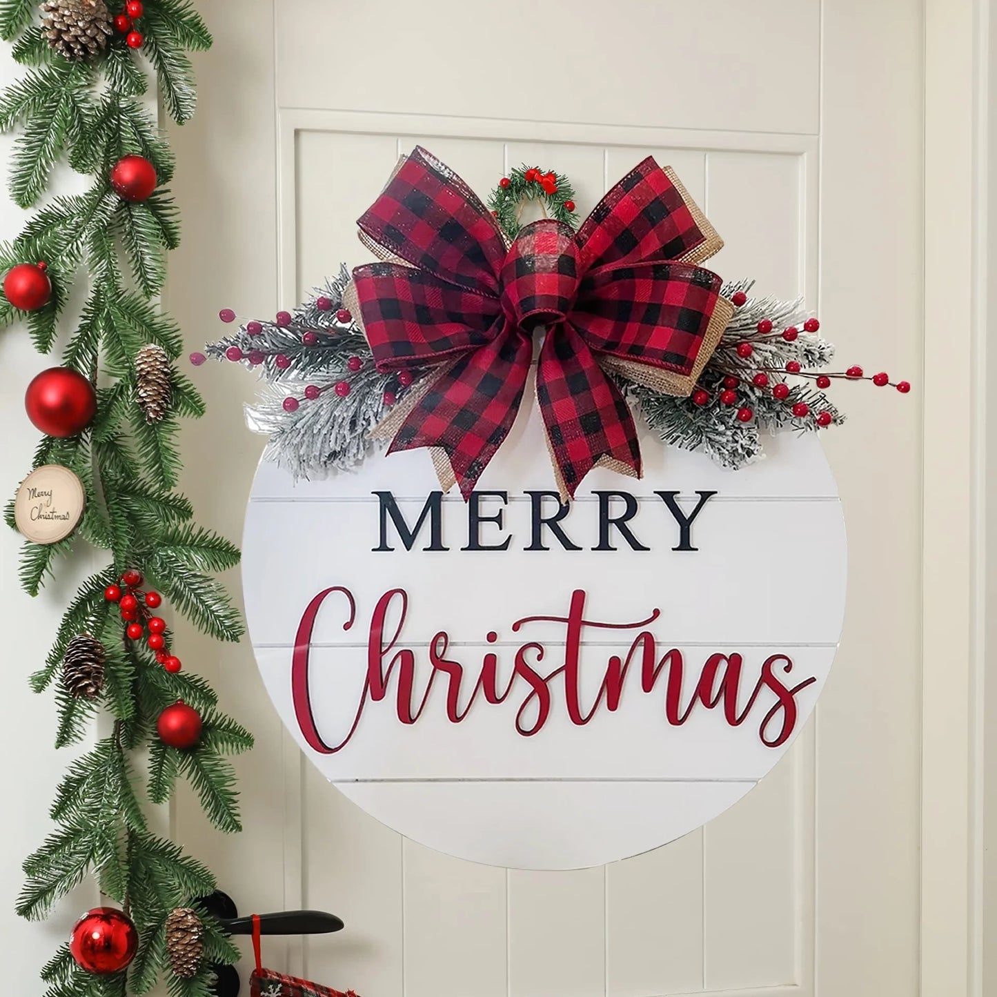 Merry Christmas Wooden Hangings Sign Christmas Wreaths Front Door Sign Festive Outdoor Home Ornament 2025 New Year Festival Prop