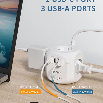 LENCENT EU Plug Power Strip with 4 AC Outlets 3 USB Port 1 Type C 2M/3M Braided Cable Multi Socket with Switch for Home