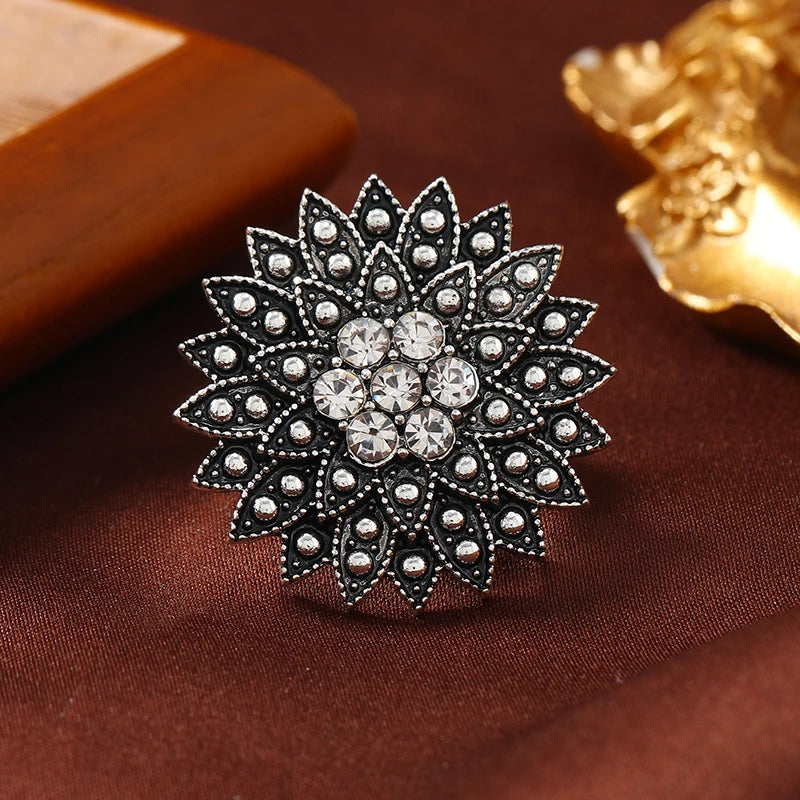 1pcs Vintage Sunflower Ring Zinc Alloy Bohemian Diamond Set Handicraft Middle Eastern Ring