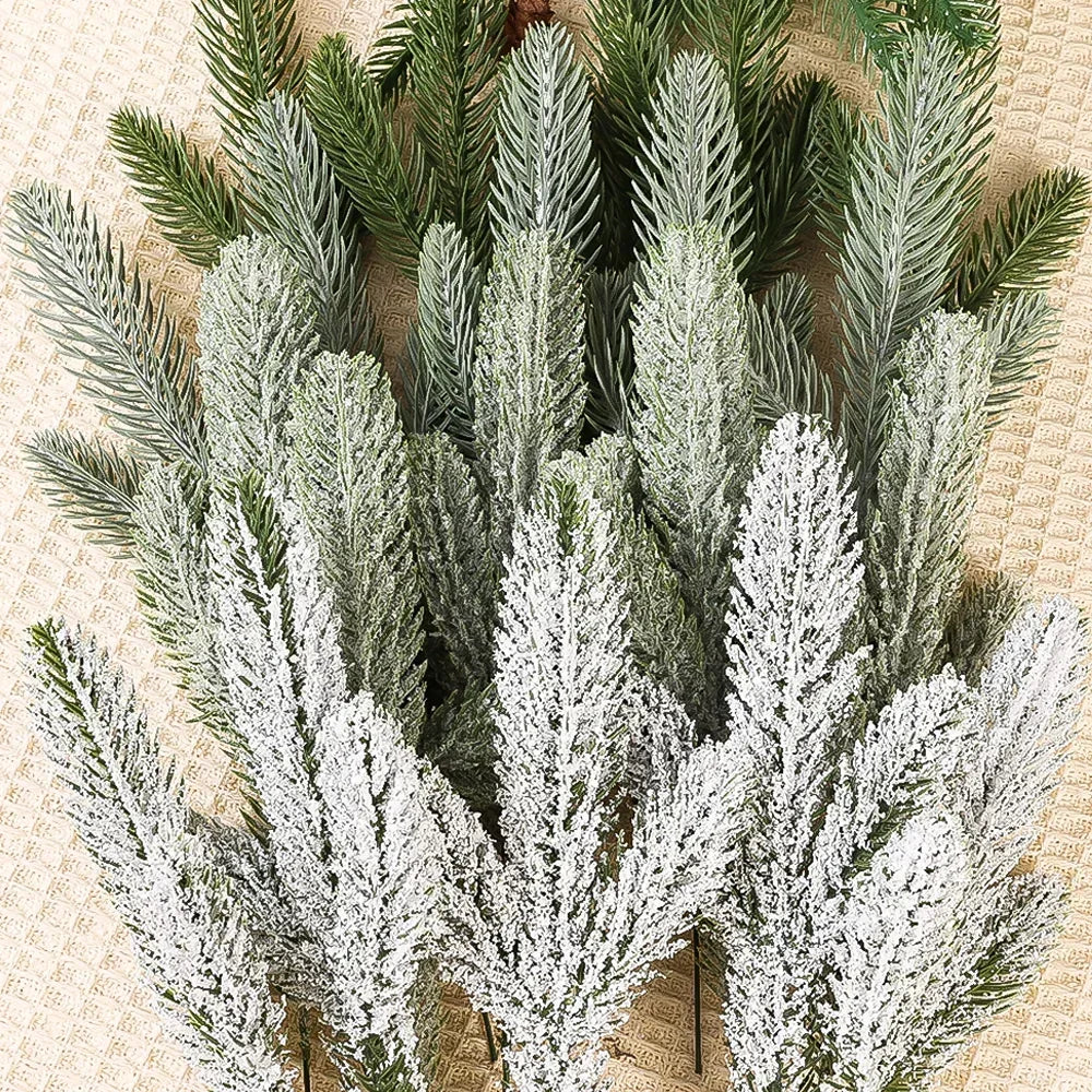 Wholesale Pine Needle Branch Artificial Christmas Green Snow Frosted Fake Plants Sprigs Stem DIY Wreath Home Garland Decorations