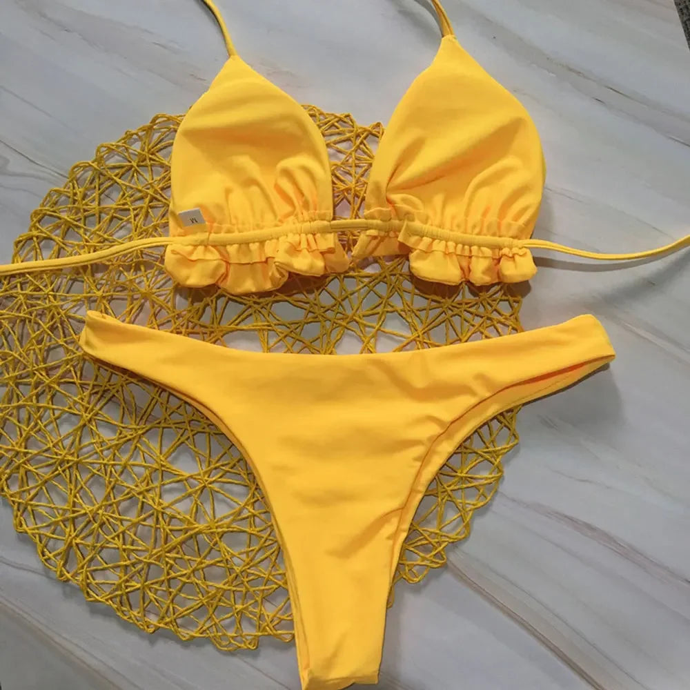 Summer Brazilian Bikini Set Women Sexy Bandage Top Thong Bottom 2 Pieces Set Push-up Swimwear Lace Up Swimsuit Beachwear