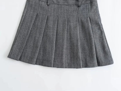 TRAF 2024 Spring Women Fashion Grey 2 Piece Sets Woman Pinstripes Pockets Slim Blazer Coat + Zipper Versatile Female Mini Skirts