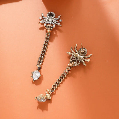 Halloween Retro Spider Skull Head Rhinestone Twisted Chain Long Ear Studs Small Design Alloy Earrings Earrings Earrings