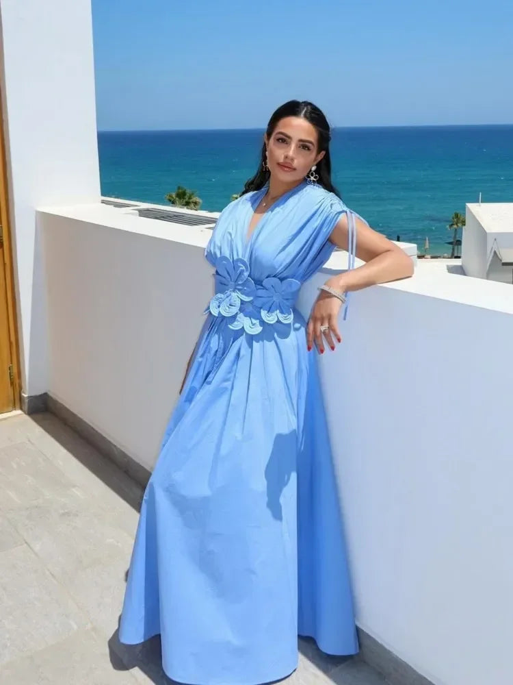 Casual Blue Flower Belt Women Maxi Dress Chic V-neck Lace Up Short Sleeve High Waist Dresses Summer Lady Pleated Street Robes