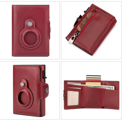 Anti-scan Magnet Credit Card Holder Wallet Genuine Leather Automatic Pop Out Aluminum Smart Wallets Luxury AirTag Purse Set