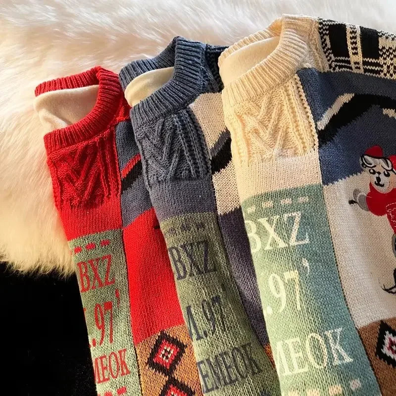 Christmas Sweater Men's Winter Loose-fit Casual Style Knitted Top Jacket American Vintage Fleece-lined Thickened Line Clothes