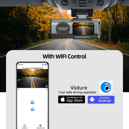 Dash Cam Dual Lens 4K UHD Recording Car Camera DVR Night Vision Video Recorder Built-In Wi-Fi Support GPS 24H Parking
