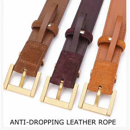 Luxury Genuine Leather Women Belt for Jeans and Dress Vintage Suede Cowhide Waistband Golden Square Buckle Ladies Trendy Belts