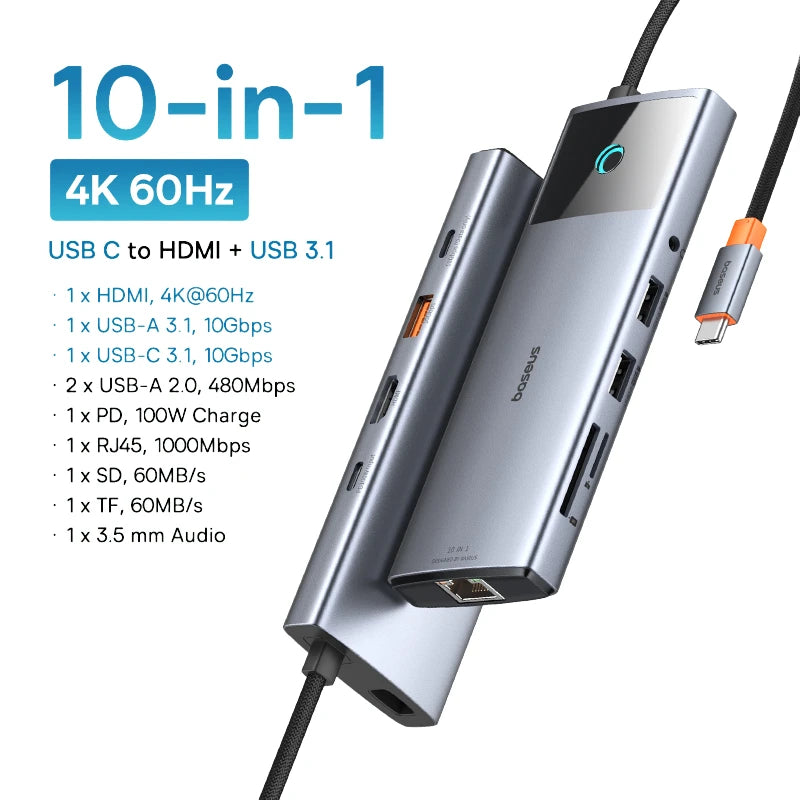 Baseus 10Gbps USB C HUB 4K 60Hz Type C to HDMI RJ45 Ethernet PD 100W for MacBook iPad Sumsang PC Tablet Phone USB 3.2 Gen 2 Hub