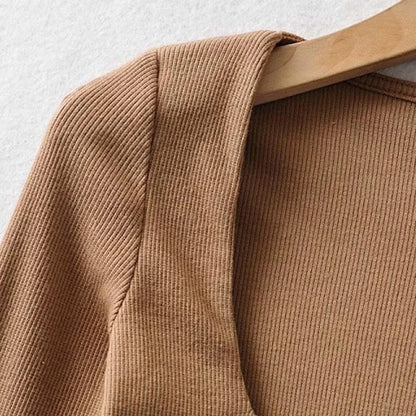 Women Cotton Ribbed Square Neck Crop Top With Long Sleeve