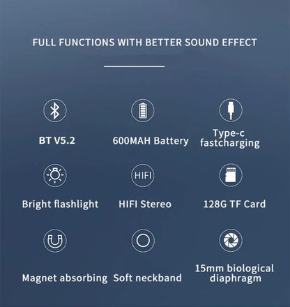 EARDECO 120 Hour Bluetooth Headphone Stereo Bass Wireless Headphones Neckband Earphones Power Flashlight Display Neck Headset