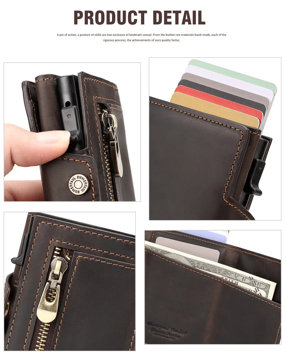 Anti-scan Magnet Credit Card Holder Wallet Genuine Leather Automatic Pop Out Aluminum Smart Wallets Luxury AirTag Purse Set