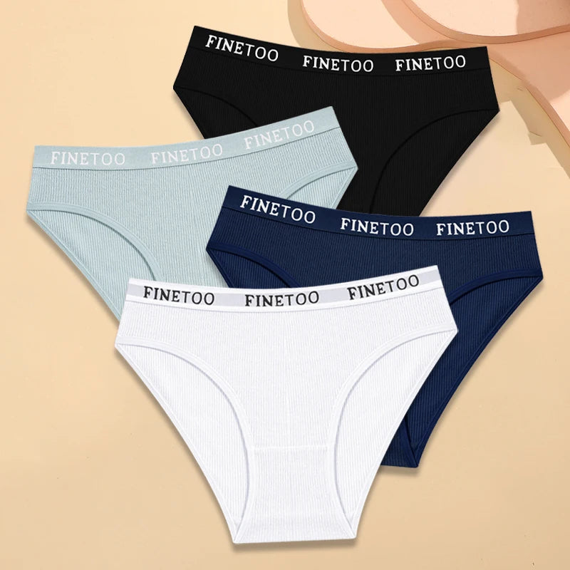 FINETOO 4Pcs Cotton Striped Underwear Women's Panties Letter Belt Briefs Ladies Low Waist Lingerie Solid Breathable Underpants
