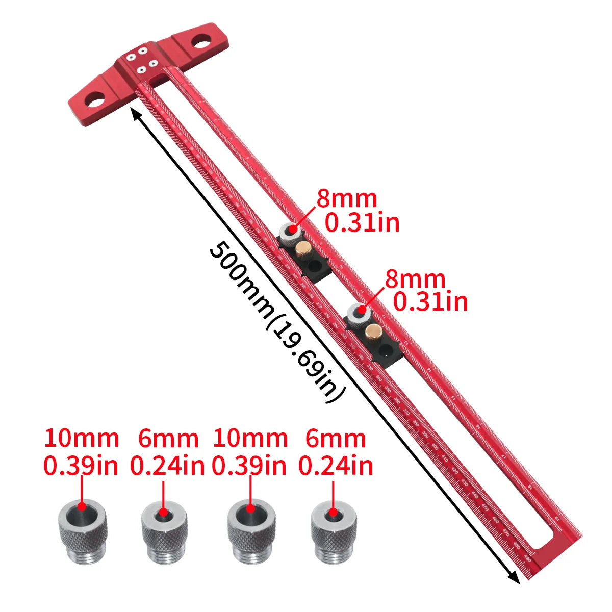 Woodworking 2 in 1 Drilling Positioning Scoring Ruler Aluminum Scriber Marking T Square Dowelling Jig with 6/8/10mm Drill Sleeve