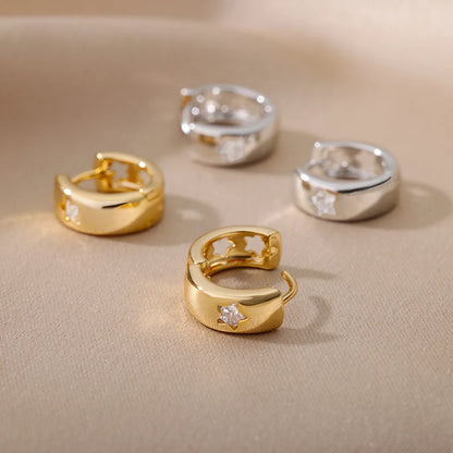 Zircon Star Hoop Earrings for Women Stainless Steel Gold Color Round Huggie Earrings 2023 Trend Wedding Jewelry pendientes mujer