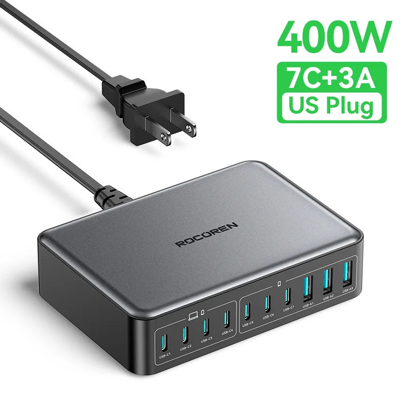 Rocoren 400W USB Type C Gan Charger Portable 10 in 1 Desktop Power Station Type-C Fast Charger For iPhone 16 Pro Max MacBook Air