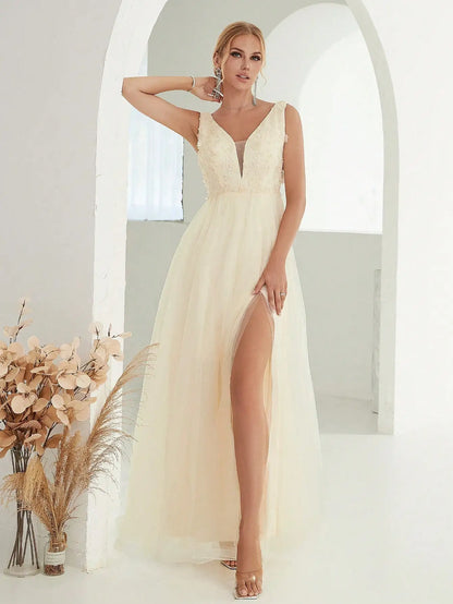 Mgiacy V-neck 3d sequin embroidered mesh slit skirt