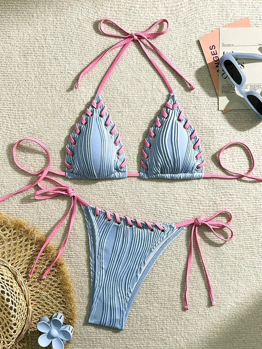 2025 Halter Wrinkled Weave Bikini Women Swimwear Female Swimsuit Two Pieces Bikini Set Brazilian Bathing Suit Swim Beach Wear