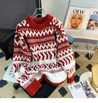 Vintage New Year Red Sweater Women's Autumn/Winter Outerwear Thickened Lazy Christmas Spirit Design Sensibility Loose-Fit Soft A