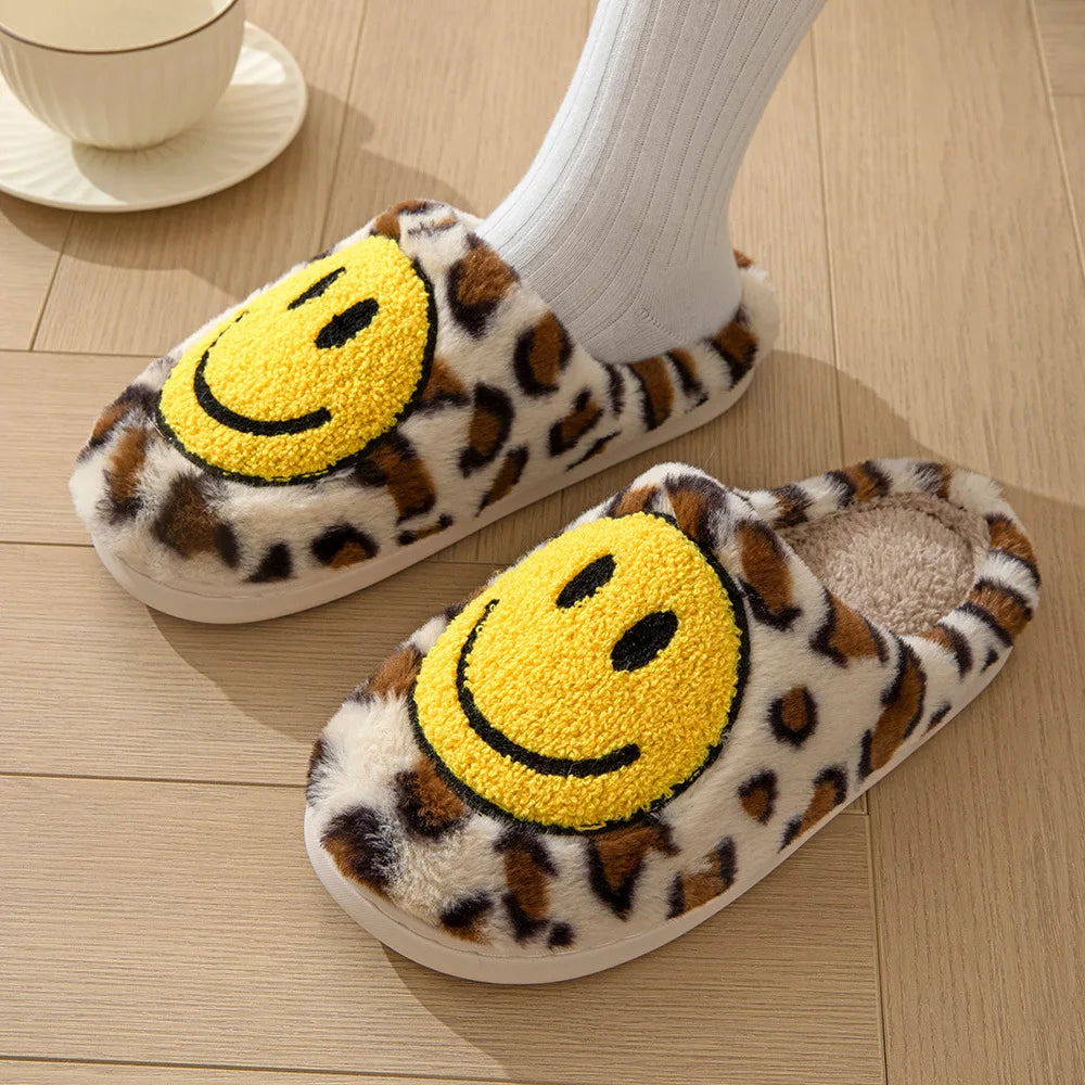Leopard Fluffy Slippers for Home Smile Designer Platform Shoes Women 2024 Indoor Plush Sliders Warm Flats Chic Winter Footwear