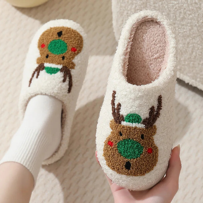 Autumn Winter Women's Christmas Slippers Men Soft Home Bedroom Flat Sandals Female Cute Plush Slides Couple Non-Slip Warm Shoes