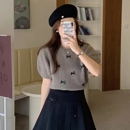Korean Version Spring/Autumn Round Neck Bow Decoration Sweet and Fashionable Versatile Knitted Short Sleeve Pullover Top