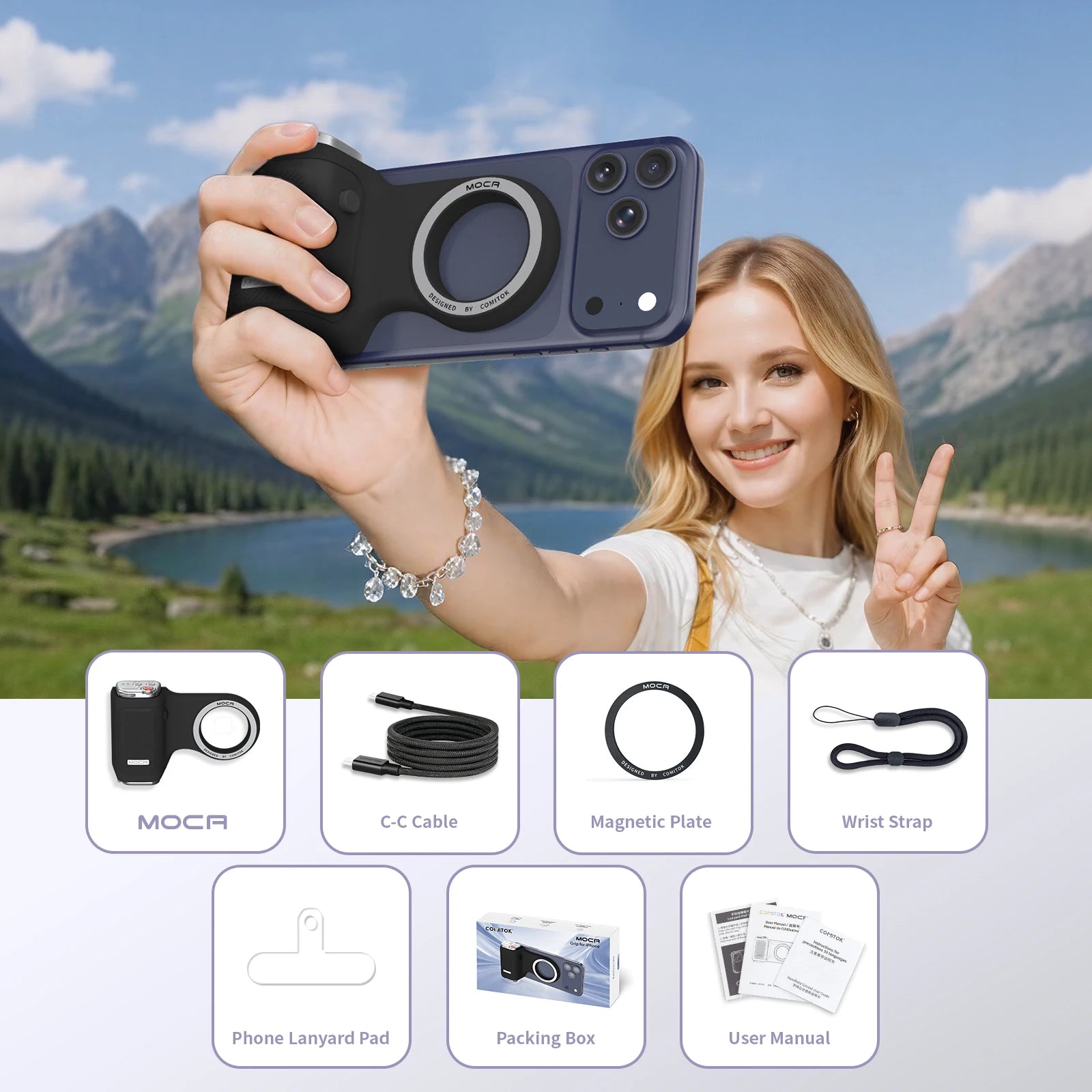 Magnetic Phone Grip with Remote Control Portable Shooting Handle for iPhone Vlog Videos, Easy One-Hand Operation