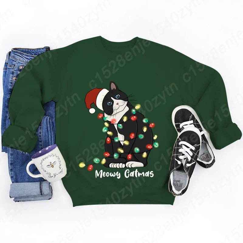 Christmas Light Cat Meowy Catmas Print Sweatshirt Autumn And Winter Sweatshirt Ladies Casual Long Sleeve Hoodless Pullovers Tops