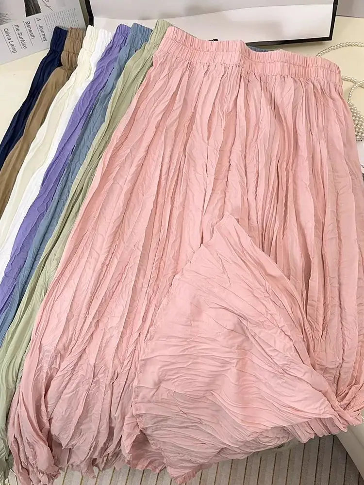 Spring Summer Elastic Waist Skirts Women Wrinkled Soft Solid A Line Long Skirt With Linning
