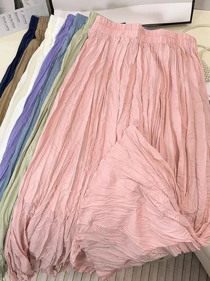 Spring Summer Elastic Waist Skirts Women Wrinkled Soft Solid A Line Long Skirt With Linning