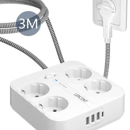 LENCENT EU Plug Power Strip with 4 AC Outlets+ 3 USB+ 1 Type C +2M/3M Braided Cable Multi Socket with Switch for Home/Office