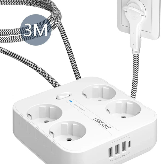 LENCENT EU Plug Power Strip with 4 AC Outlets+ 3 USB+ 1 Type C +2M/3M Braided Cable Multi Socket with Switch for Home/Office
