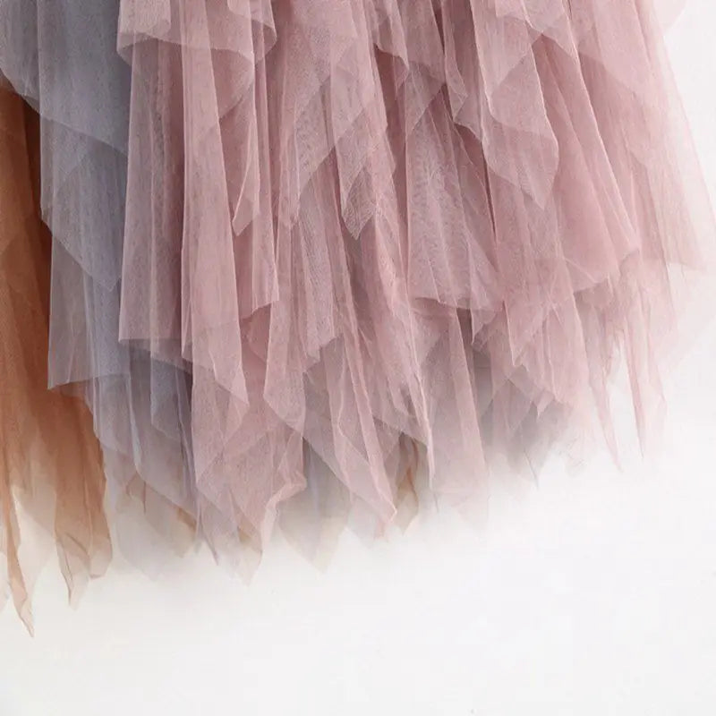 Women's Tulle Skirts Mesh Layered Elastic High Waist Tutu Midi Skirt Pleated Mesh A-Lines Skirt