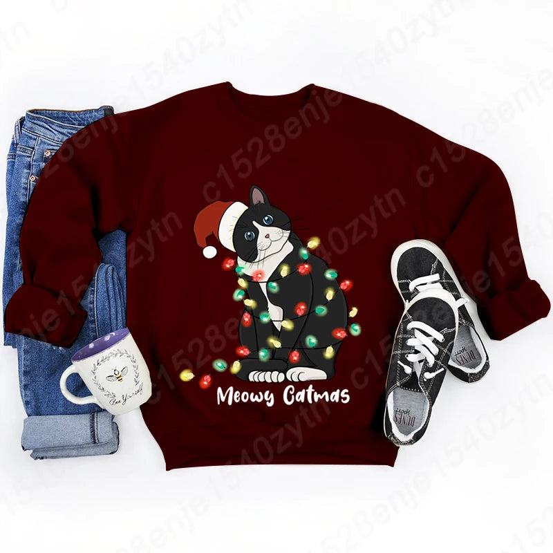 Christmas Light Cat Meowy Catmas Print Sweatshirt Autumn And Winter Sweatshirt Ladies Casual Long Sleeve Hoodless Pullovers Tops