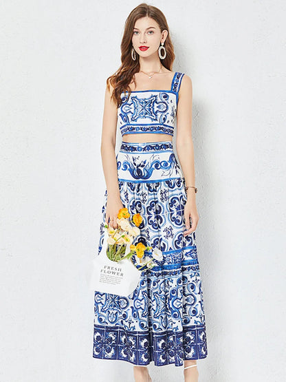JAMERARY Summer Runway Blue And White Porcelain Two Piece Set Women Flower Print Short Crop Top + Holiday Beach Maxi Skirt Suits