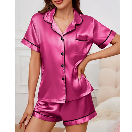 Womens Satin Pajamas Set Luxurious Short Sleeve Turn-down collar Button Top & Shorts Sleepwear & Loungewear for Summer Nightwear