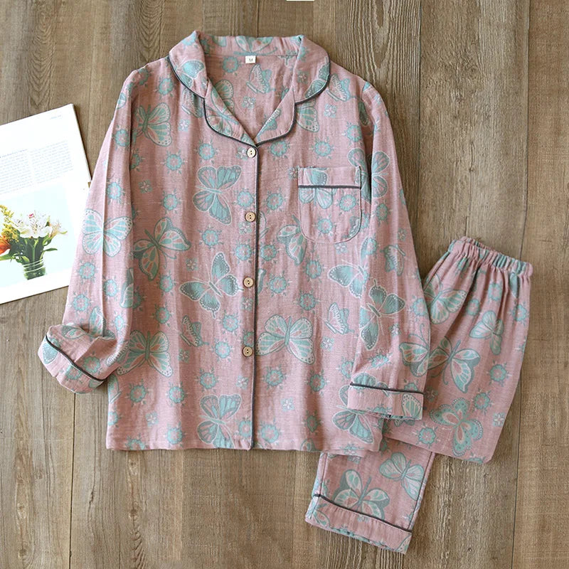 2024 Japanese Spring and Autumn New Women's Pajama Set 100% Cotton Vintage Long sleeved Pants Two Piece Set for Home Furnishings
