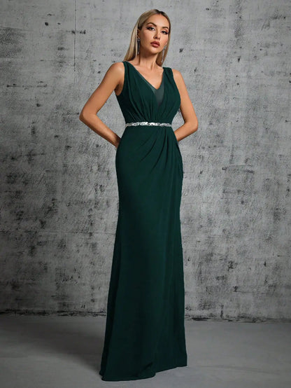 Mgiacy Shoulder deep V-neck silver sequin belt pleated chiffon slit skirt Evening gown Ball dress Party dress Bridesmaid dress