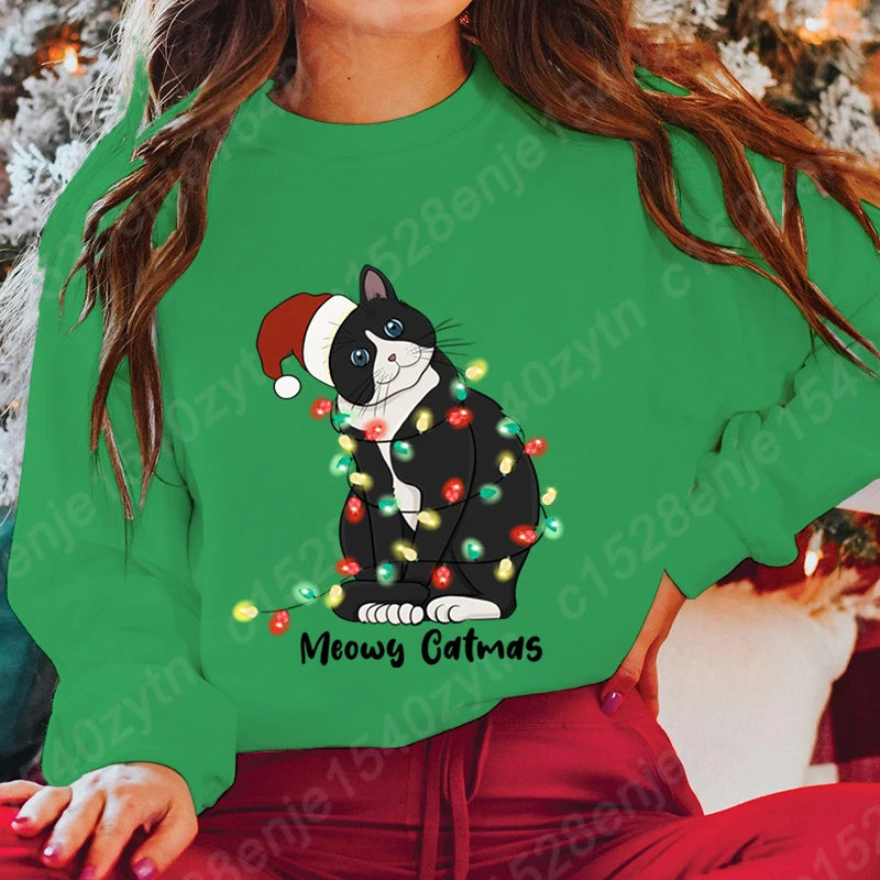 Christmas Light Cat Meowy Catmas Print Sweatshirt Autumn And Winter Sweatshirt Ladies Casual Long Sleeve Hoodless Pullovers Tops