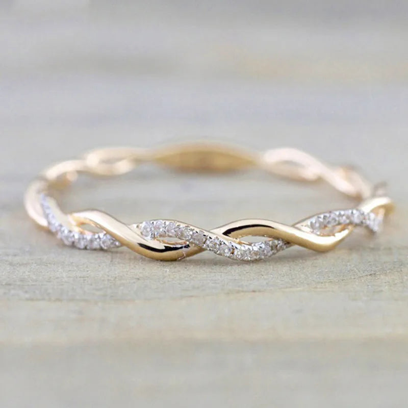 Huitan Simple Stylish Women Thin Rings Fancy Twist Band Shiny Crystal Cubic Zircon Daily Wear Versatile Jewelry Minimalist Gift