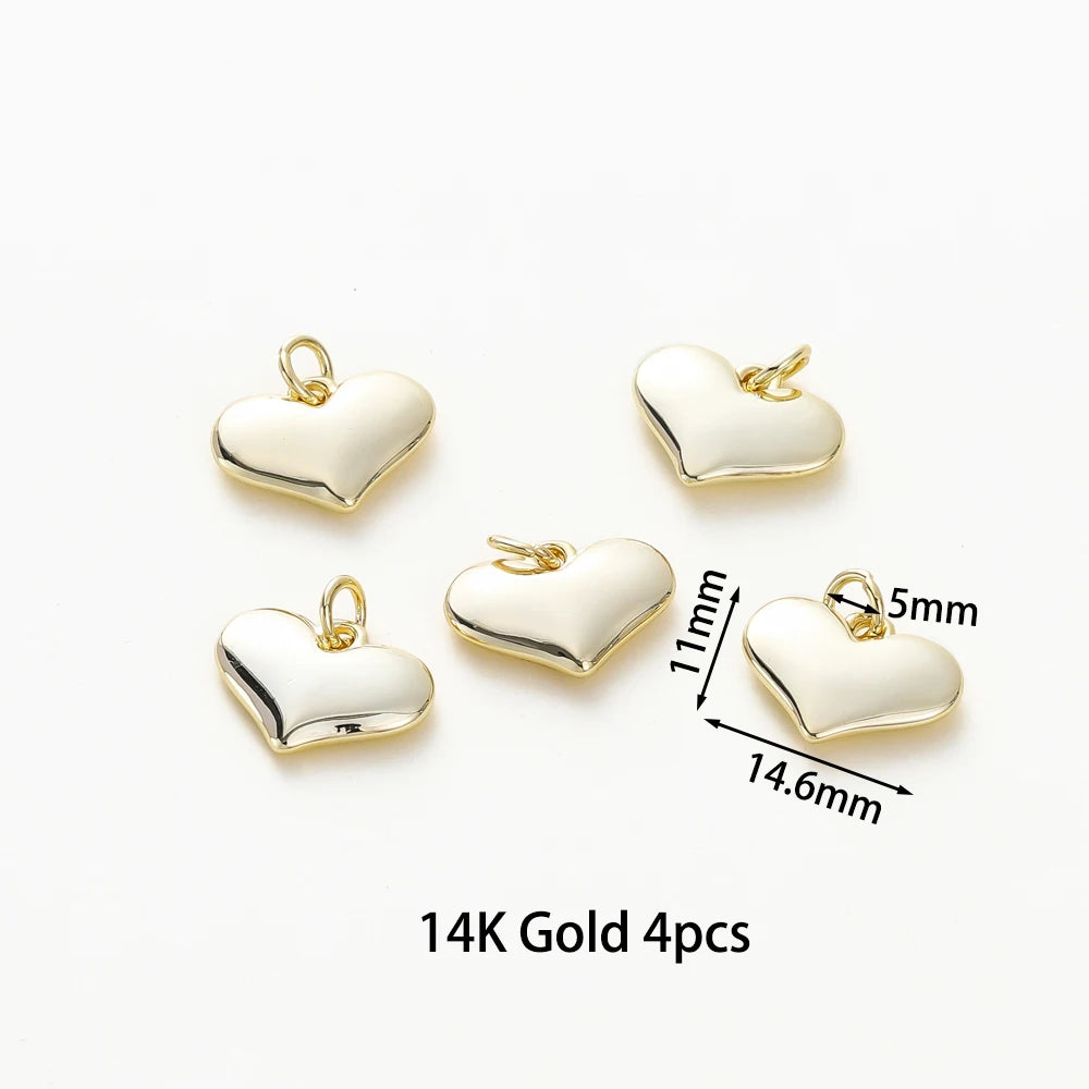 4pcs/lot 14K 18K Gold Plated Heart Charm with Jump Ring Necklace Making Supplies Solid Love Pendant For DIY Jewelry Accessories