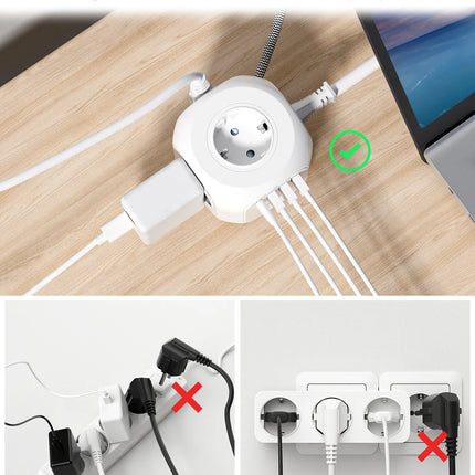 LENCENT EU Plug Power Strip with 4 AC Outlets 3 USB Port 1 Type C 2M/3M Braided Cable Multi Socket with Switch for Home