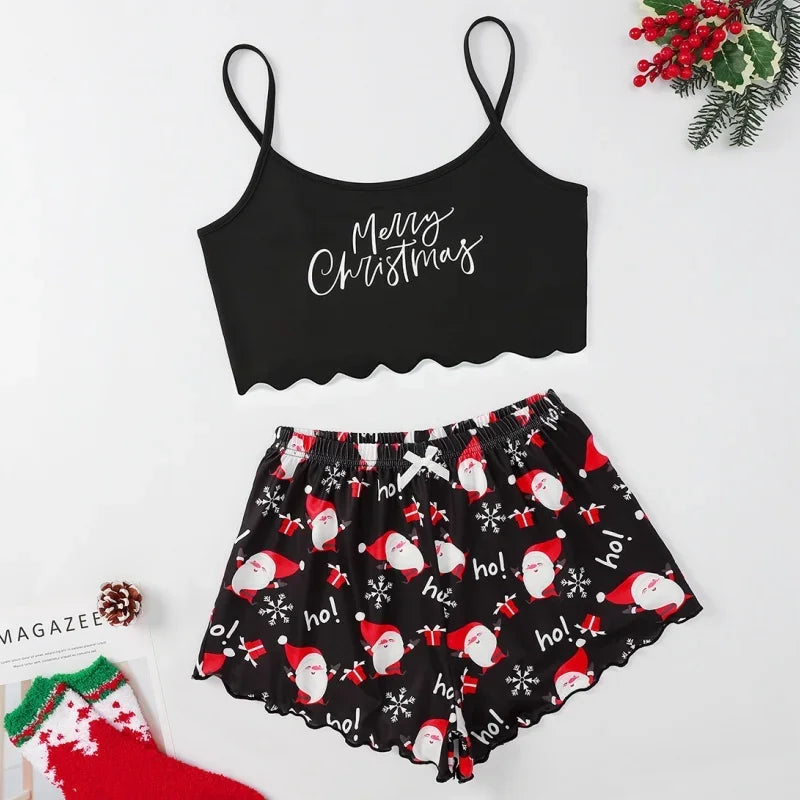 New Women's Christmas Pajama Set Thin Suspender Top with Santa Claus Printed Shorts Casual Homewear Suspender Shorts