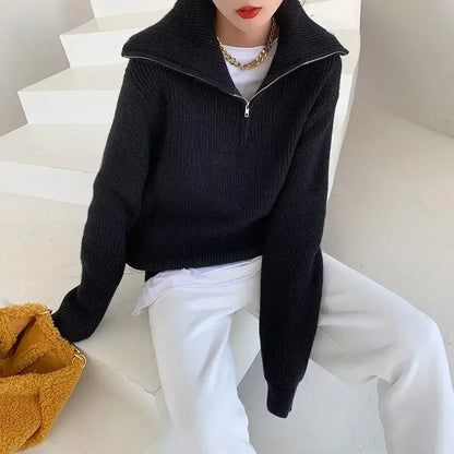 Women's Winter Sweaters Solid Grey Ladies Turtleneck Casual Loose Thick Zippers Pullovers Beautiful Oversized Sweater Women