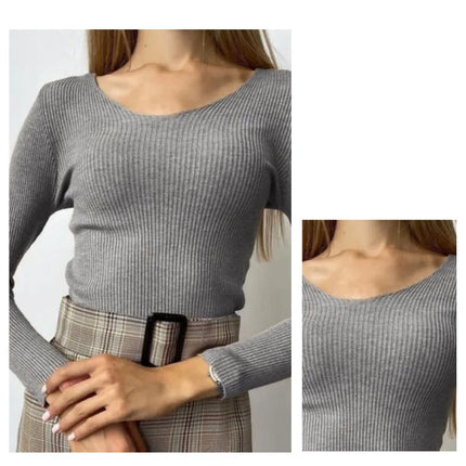 Women Solid Rib Knit V Neck Stripe Pull Sweater Autumn Femme Y2k Long Sleeve Pullover Jersey Tops Fashion Clothes