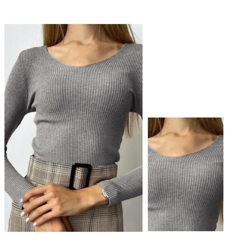 Women Solid Rib Knit V Neck Stripe Pull Sweater Autumn Femme Y2k Long Sleeve Pullover Jersey Tops Fashion Clothes