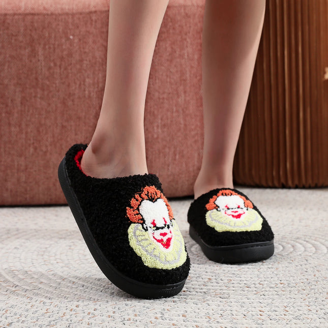 A Pair of Black Halloween Horror Clown Pattern Embroidered Plush Home Thick-Soled Comfortable Autumn and Winter Fur Slippers, Dark Punk Stylish Warm Non-Slip Indoor Slippers for Men and Women That Can Wear Slip-On Slippers
