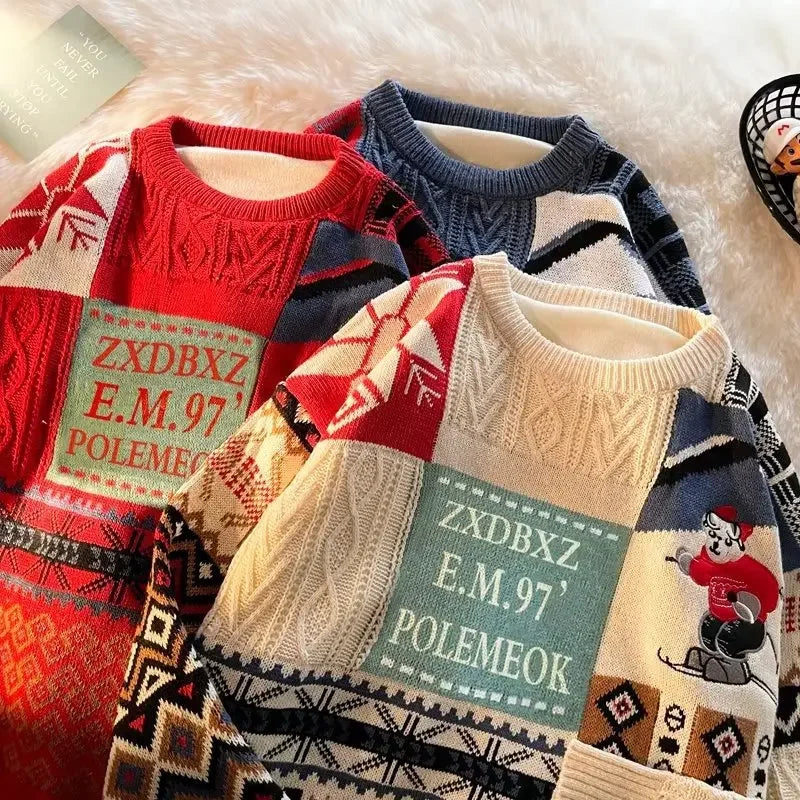 Christmas Sweater Men's Winter Loose-fit Casual Style Knitted Top Jacket American Vintage Fleece-lined Thickened Line Clothes